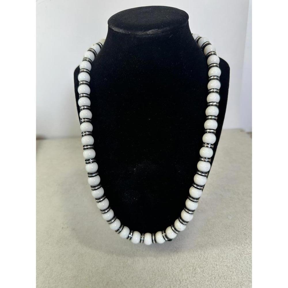 VTG Mod White Lucite Bead Necklace Black Silver Spacer 24”
